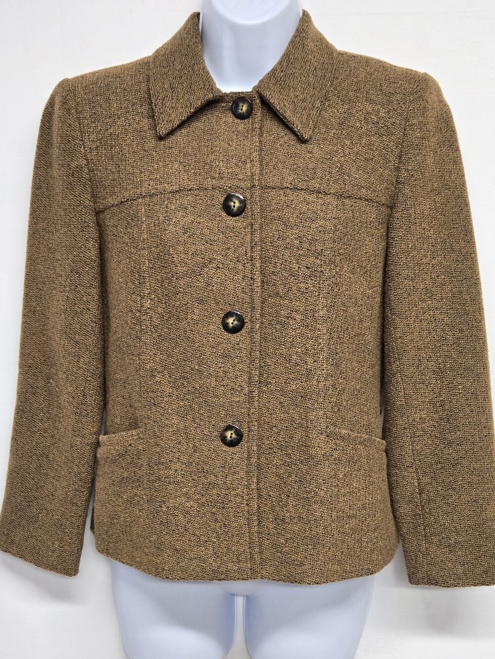 Gianni Petite 2 Vintage Blazer Jacket Boxy Wool Tweed Button Down Brown